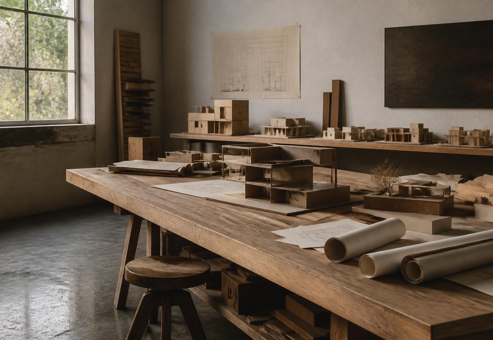 Interior do atelier com mesa de trabalho em carvalho, maquetes e desenhos